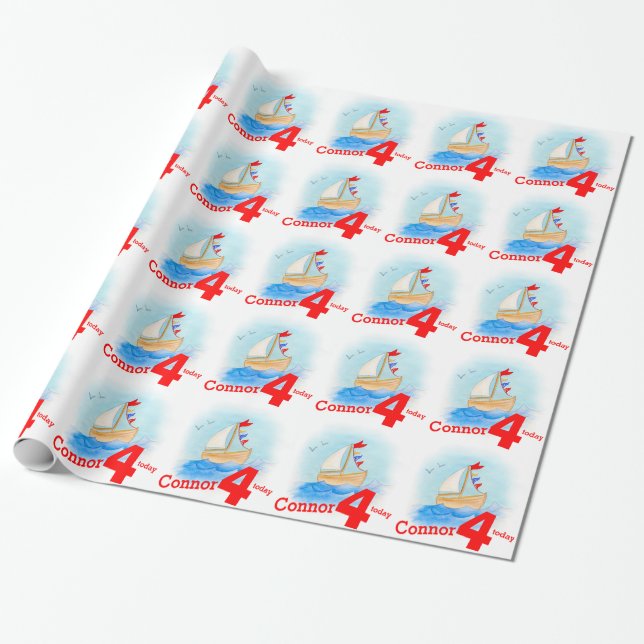 Boys name painted sail boat age 4 birthday wrap wrapping paper (Unrolled)