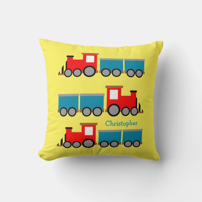 Boys Name Train Toys Personalized Cute Nursery Throw Pillow (Front)