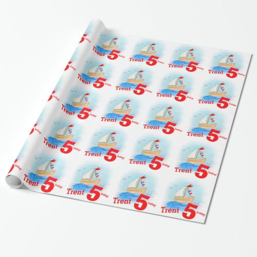 Boys named painted sail boat 5th birthday wrap wrapping paper