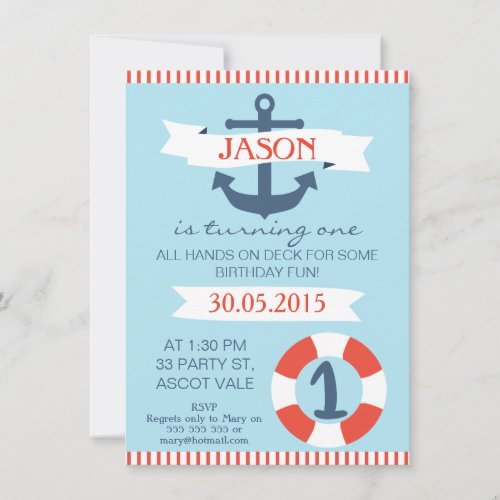 Boys Nautical 1st Birthday Invitation