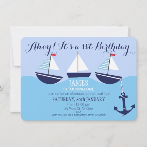 Boy's Nautical 1st Birthday Party Invitation