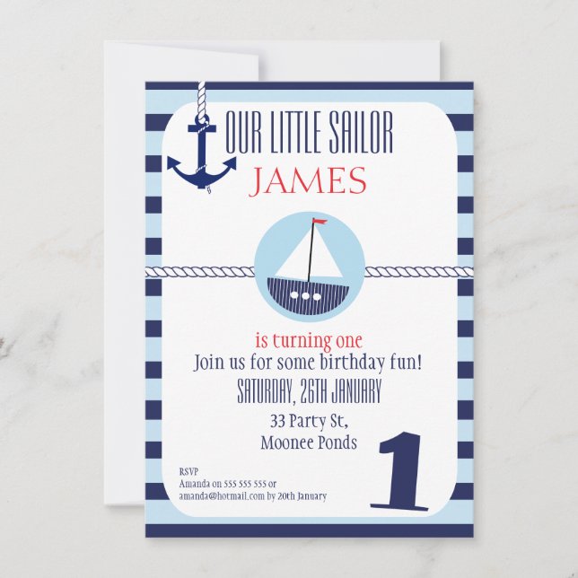 Boys Nautical 1st Birthday party Invitation (Front)