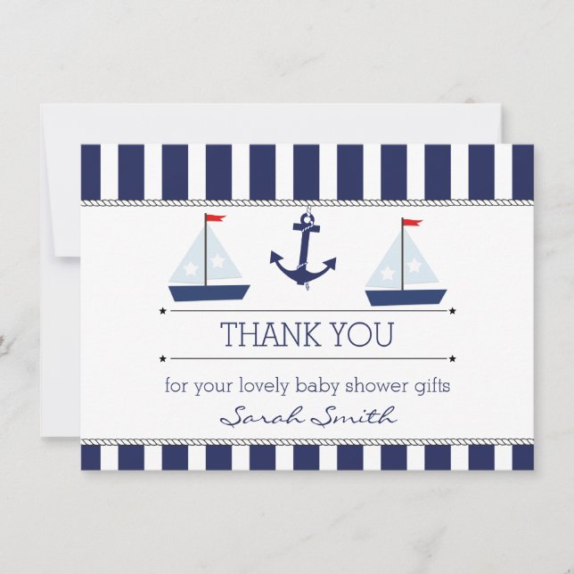 Boys Nautical Baby Shower Flat Thank You Card (Front)