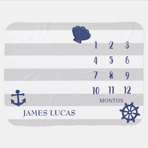 Boys Nautical Gray Monthly Milestone Chart Baby Blanket