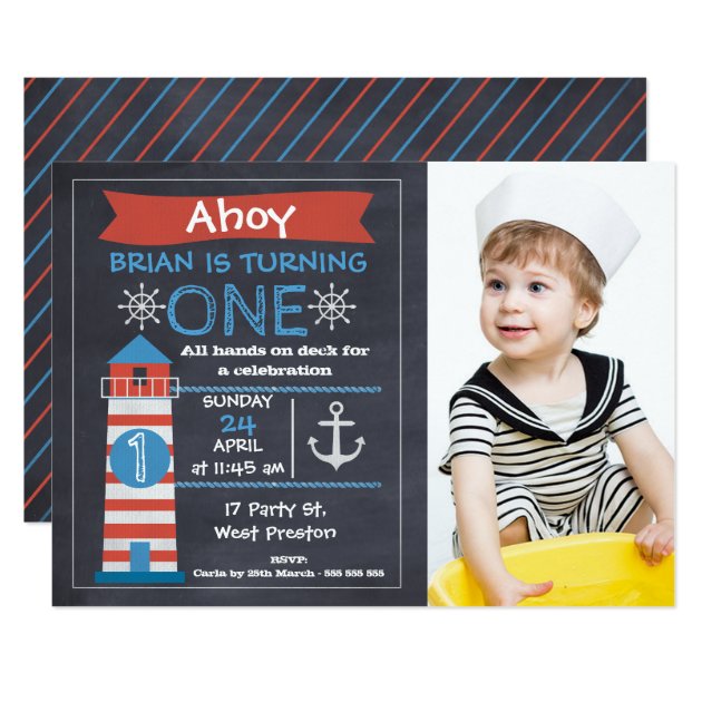 Boys Nautical Lighthouse Photo Birthday Invitation