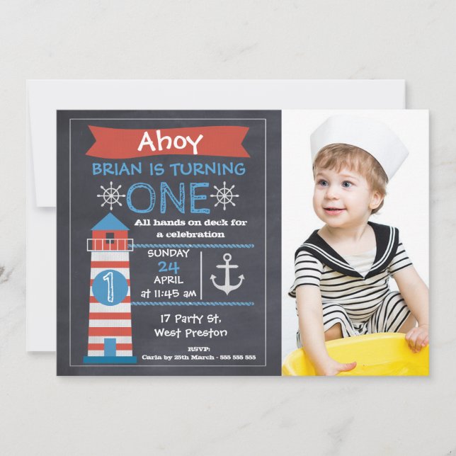 Boys Nautical Lighthouse Photo Birthday Invitation (Front)