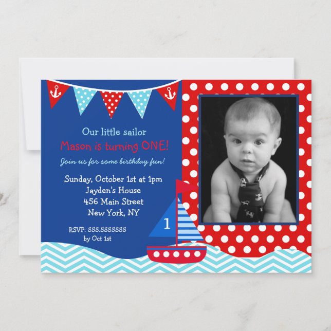 Boys Nautical Sailboat 1st Birthday Invitation (Front)