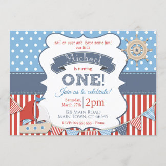 Boys Nautical Sailor Ship 1st Birthday Invitation