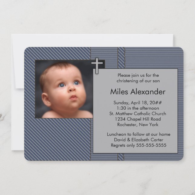 Boys Navy Blue and Gray Photo Christening Invitation (Front)