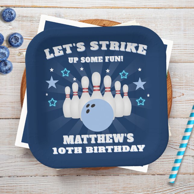 Boy's Navy Blue Bowling Birthday Party Paper Plates (Creator Uploaded)