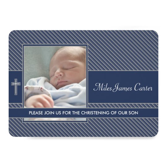 Boys Navy Blue Photo Baptism Christening Card