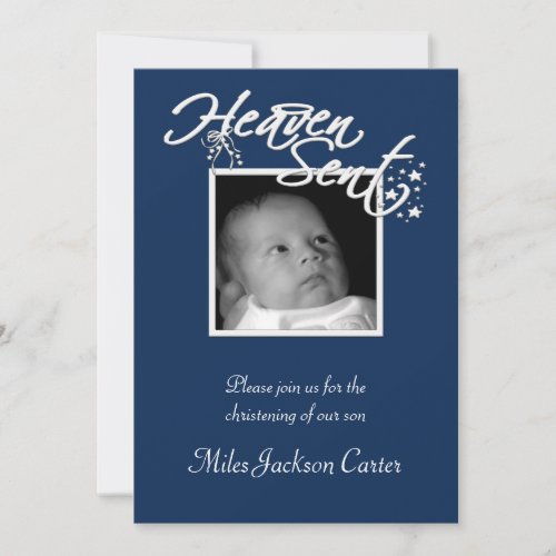 Boys Navy Blue Photo Christening Invites
