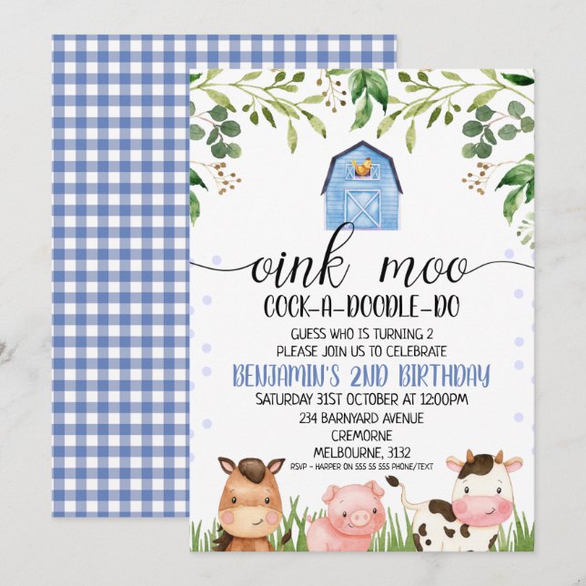 Boys Oink Moo Farm Animals Birthday Invitation (Front/Back)