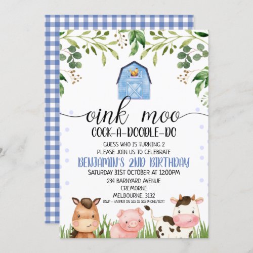 Boys Oink Moo Farm Animals Birthday Invitation