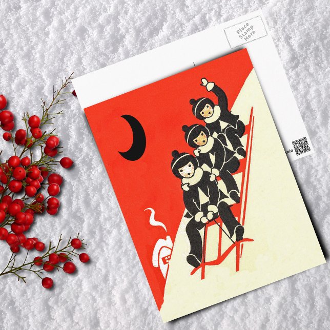 Boys on a Sled Winter Scene Postcard (Three boys riding red sled down snow covered hill Black moon house on red Postcard.)