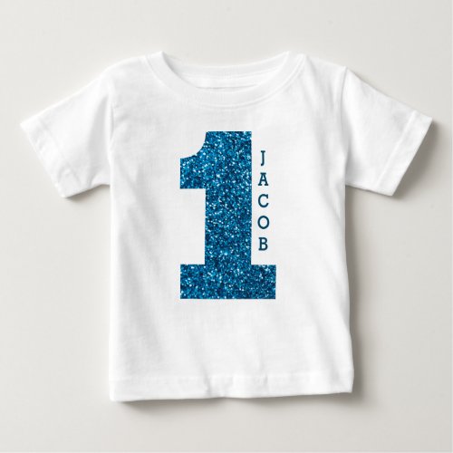 Boys One First Birthday Blue Glitter Baby T_Shirt