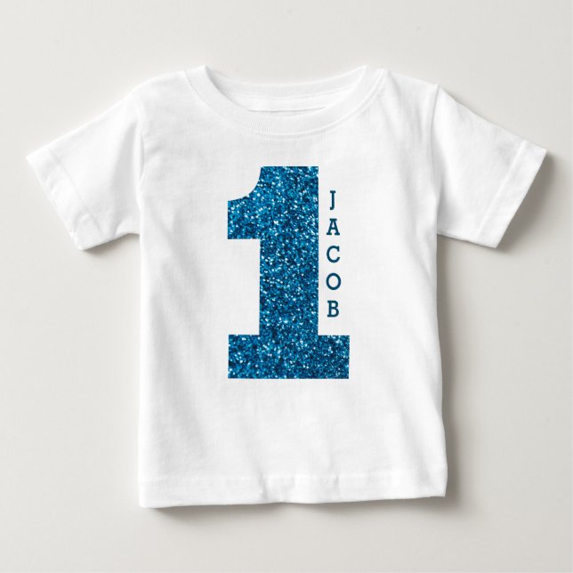 Boys One First Birthday Blue Glitter Baby T-Shirt (Front)