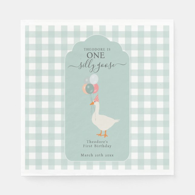 Boy's One Silly Goose 1st Birthday Party Napkins (Front)
