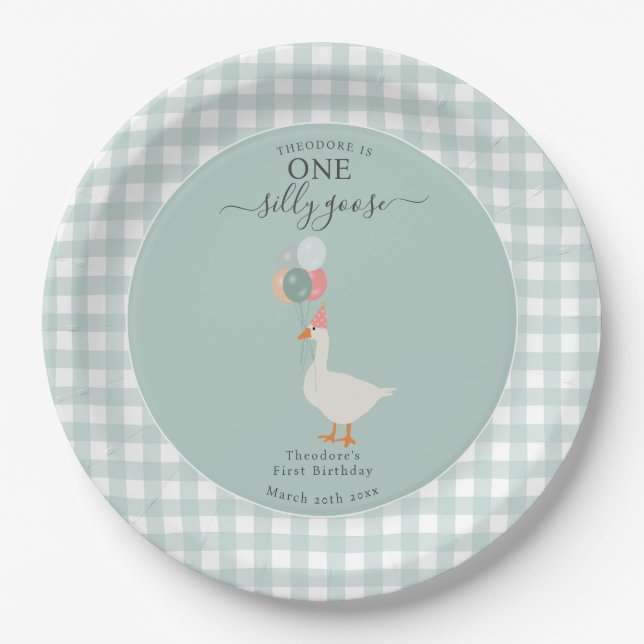 Boy's One Silly Goose 1st Birthday Party Paper Plates (Front)