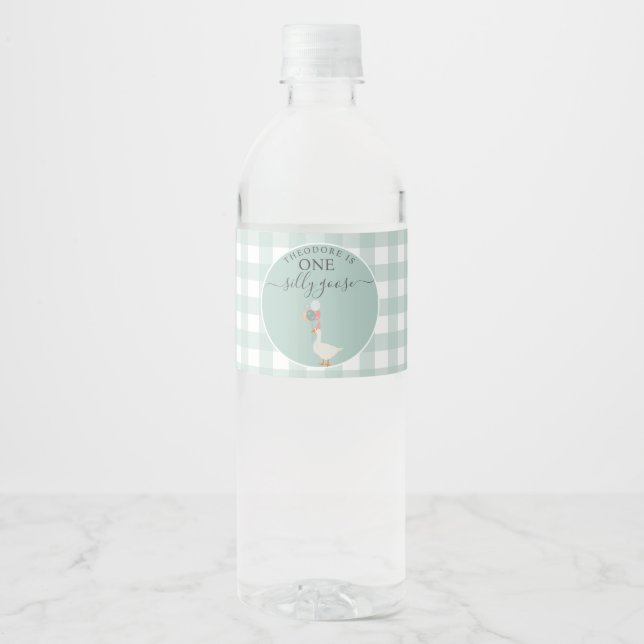 Boy's One Silly Goose 1st Birthday Party Water Bottle Label (Front)