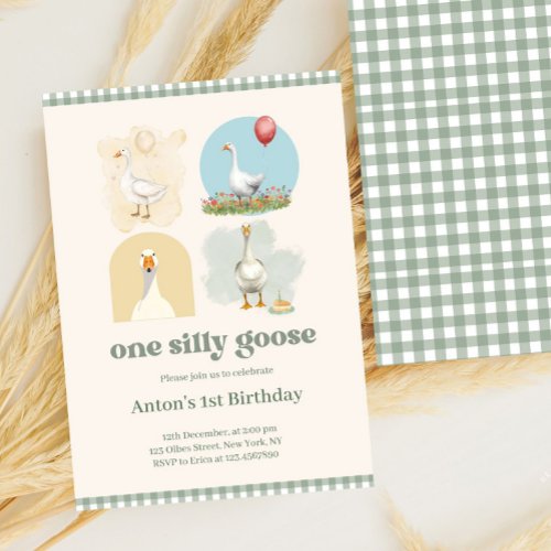Boys One Silly Goose Blue First Birthday Gingham