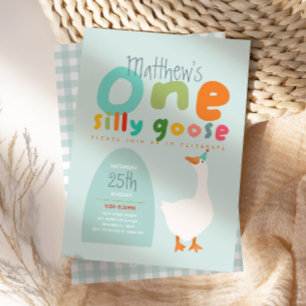 Boys One Silly Goose Blue First Birthday Invitation