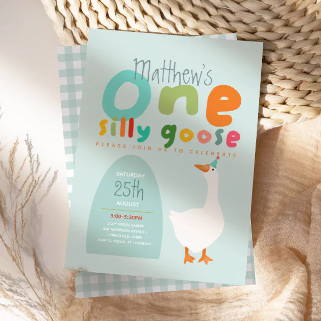 Boys One Silly Goose Blue First Birthday Invitation
