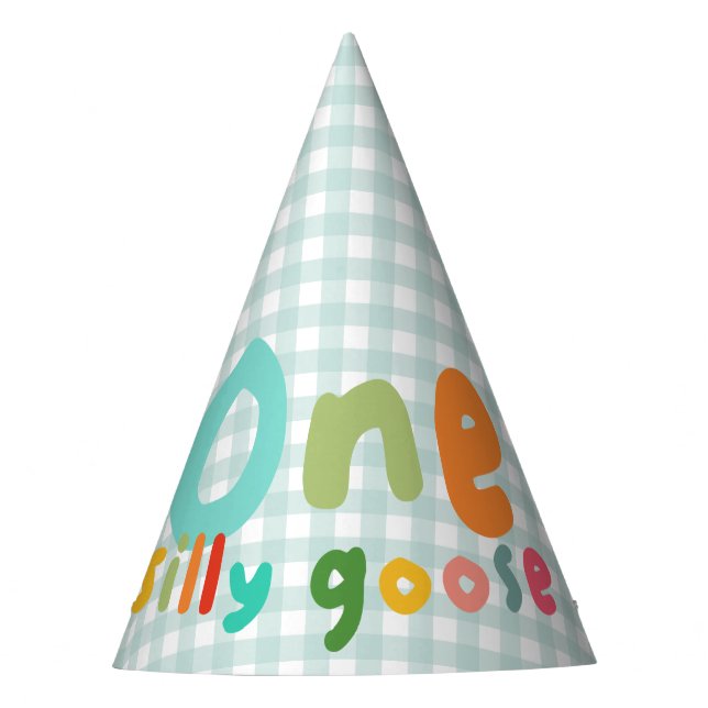 Boys One Silly Goose Blue Gingham 1st Birthday Party Hat (Front)