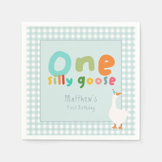 Boys One Silly Goose Blue Gingham Napkins (Front)
