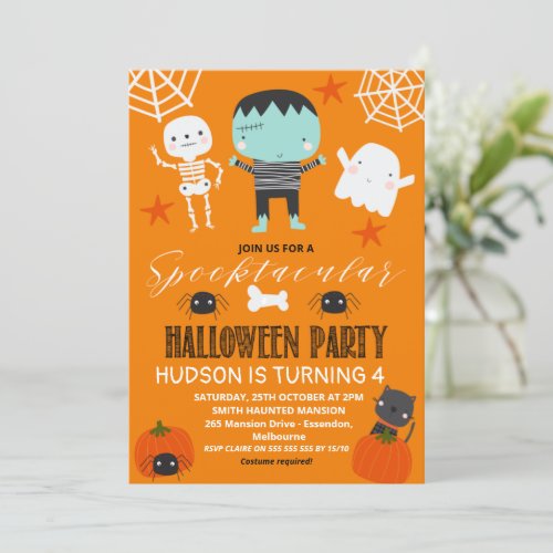 Boys Orange Blue Black White Halloween Birthday Invitation