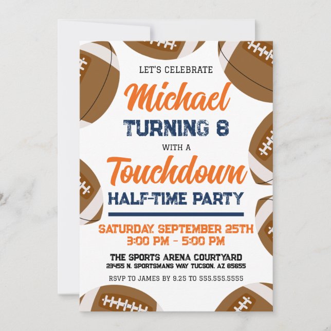 Boys Orange Blue Football Team Birthday Party Invitation (Front)