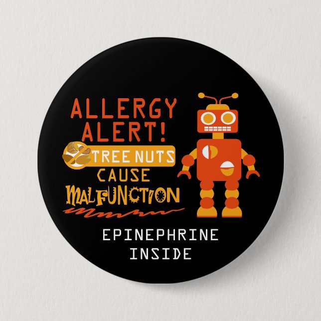 Boys Orange Robot Tree Nut Allergy Alert Button (Front)
