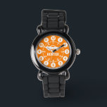 Boys orange white name wrist watch<br><div class="desc">Graphic art kids watch featuring a simple white car on a bright orange background. Great for school age boys learning to read a clock as features both minutes and hours. Customise with your name example reads Hunter. Great for school and sports as features your boys name. Art and design by...</div>