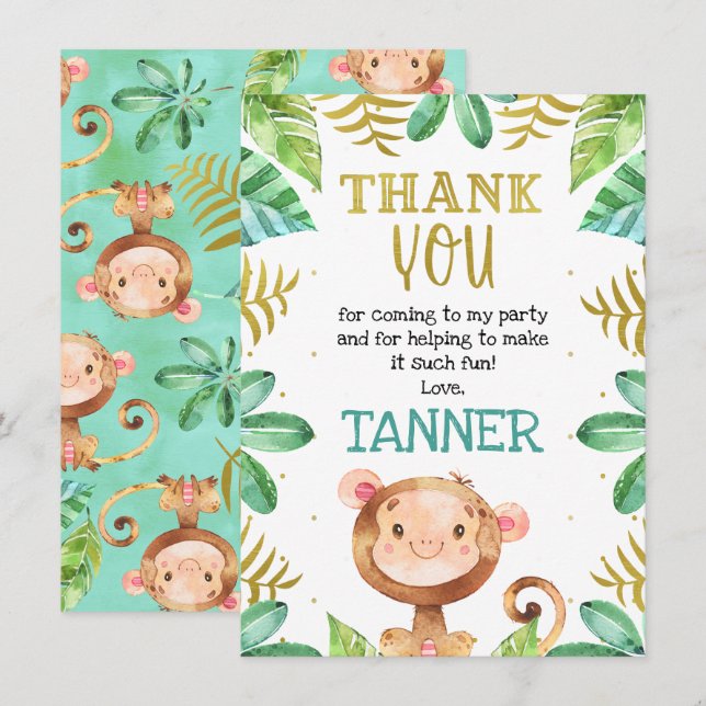 Boys our little Monkey Birthday Thank You Card (Front/Back)