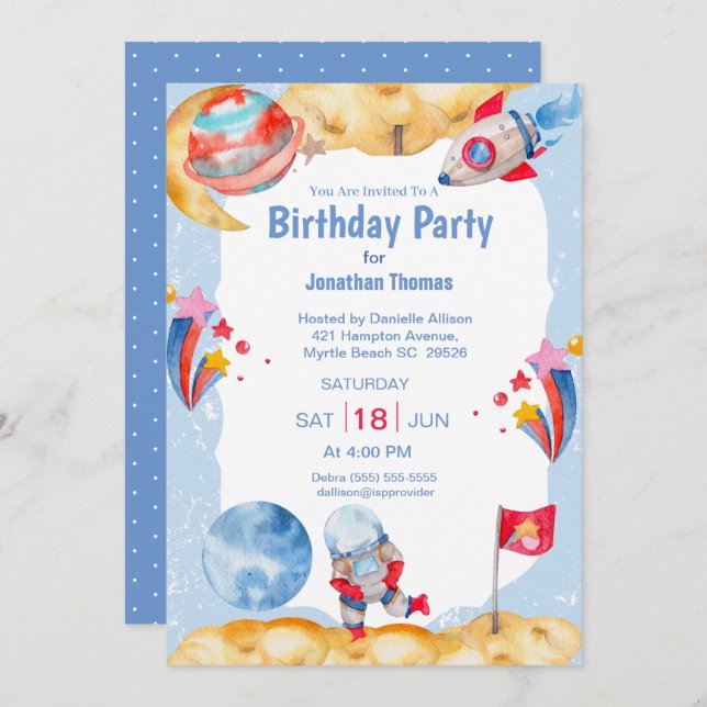  Boys Outer Space Astronaut  Blue Red Invitation  (Front/Back)