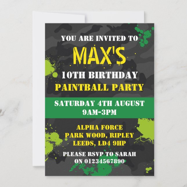 Boys Paintball themed birthday party invitation (Front)