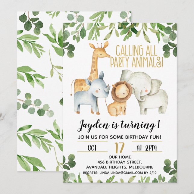 Boys Party Animals Safari Birthday Invitation (Front/Back)