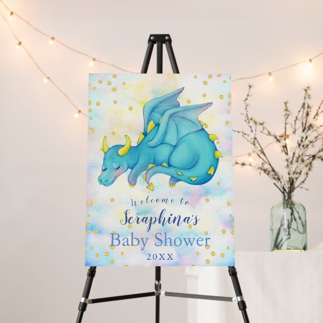 Boys Pastel Blue Dragon Baby Shower Welcome Foam Board (In Situ (Stand))