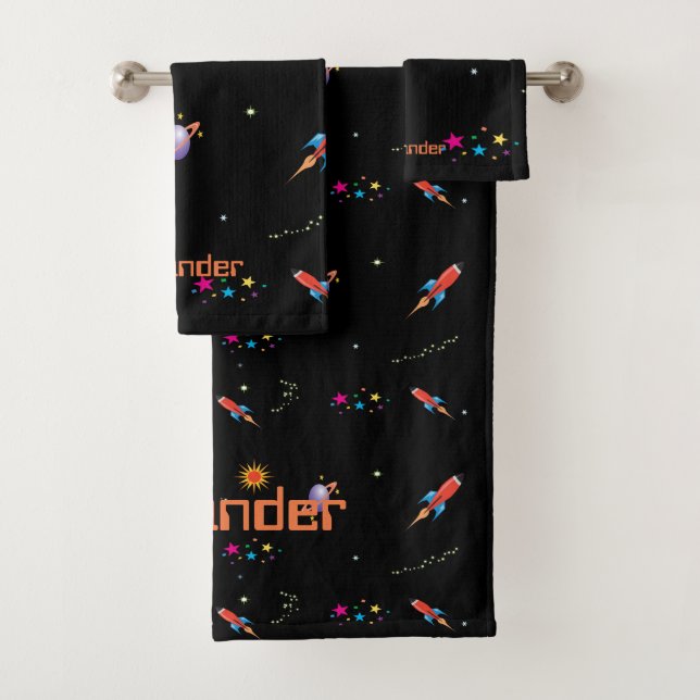 Boys Personal Name Space Rocket Bath Towel Set (Insitu)