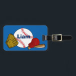 Boys Personalized Baseball Theme Luggage Tag<br><div class="desc">Perfect luggage tag for your little slugger. This baseball-themed bag tag has a baseball,  baseball glove,  baseball bat and baseball hat on it. The boy's name is written on the baseball. A bright blue background makes it easy to find.</div>
