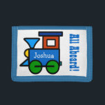 Boys Personalized Choo Choo Train Wallet<br><div class="desc">This design features a steam engine train and text that reads "All Aboard!"  .  You can personalize it with a child's name.  Perfect for train lovers!  To change font size,  style or color,  click on the Customize It button.  Please message me with any questions.</div>