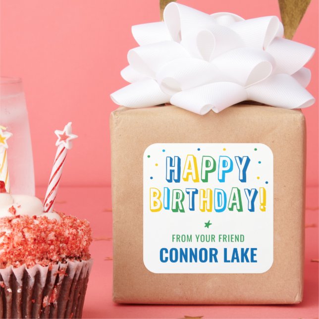 Boys Personalized Confetti Happy Birthday Square Sticker (Party)