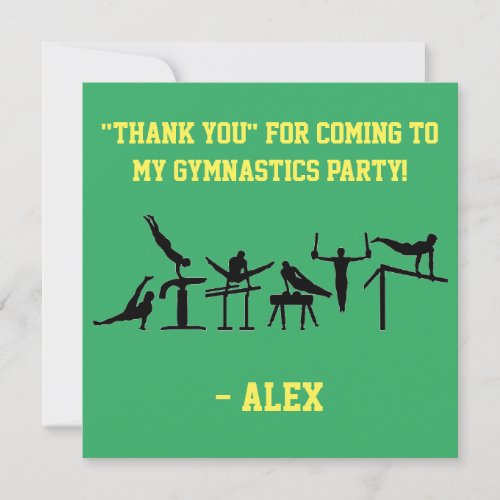 Boys PERSONALIZED Green  Yellow GYMNASTICS PARTY Thank You Card