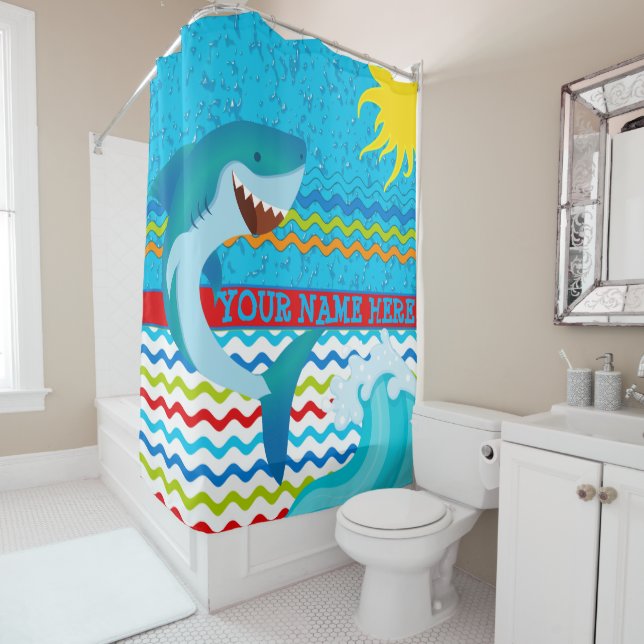 Boys Personalized Name Shark Bath Shower Curtain (In Situ)