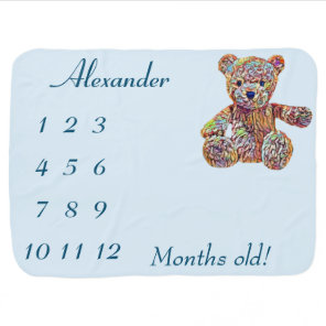 Boy's Personalized Teddy Bear Milestone  Baby Blanket