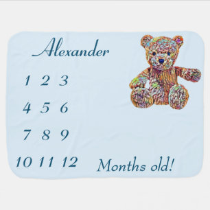 Boy's Personalized Teddy Bear Milestone  Baby Blanket