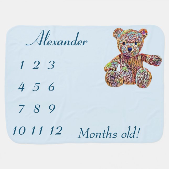 Boy's Personalized Teddy Bear Milestone  Baby Blanket (Horizontal)