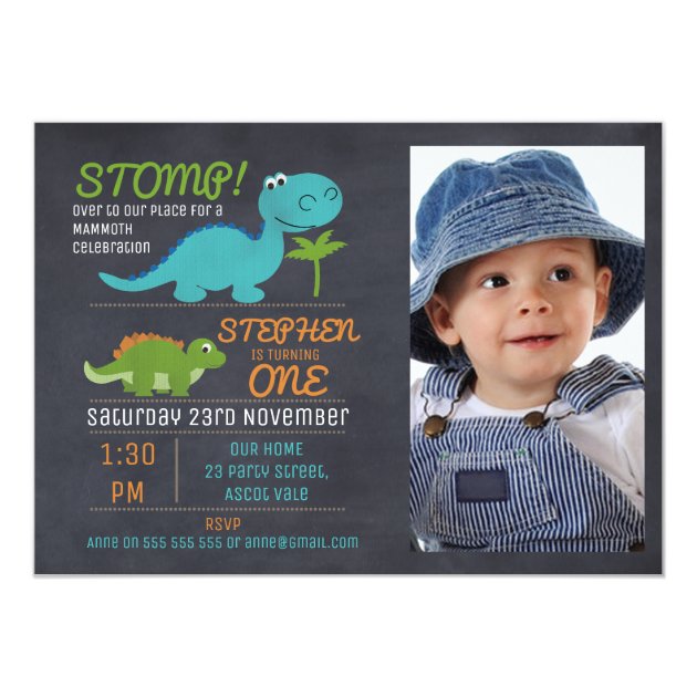 Boys Photo Chalkboard Dinosaur Birthday Invitation