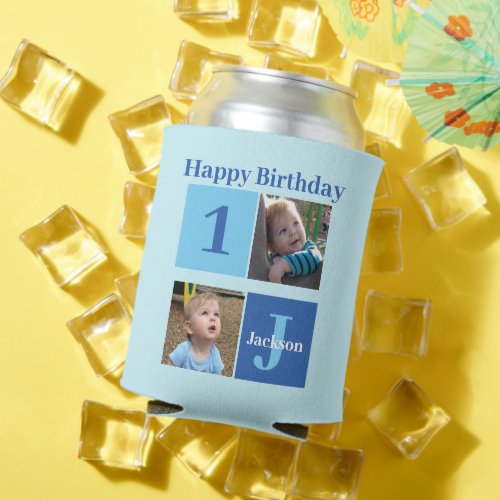 Boys Photo Collage Custom Blue Kids Birthday Party Can Cooler