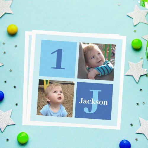 Boys Photo Collage Custom Blue Kids Birthday Party Napkins